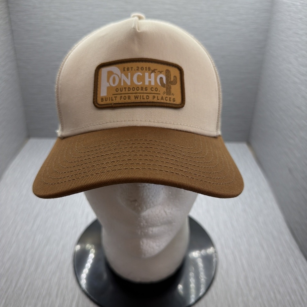 Poncho Outdoors Trucker Hat Cream Brown Snapback Patch Logo Mesh Adjustable Cap
